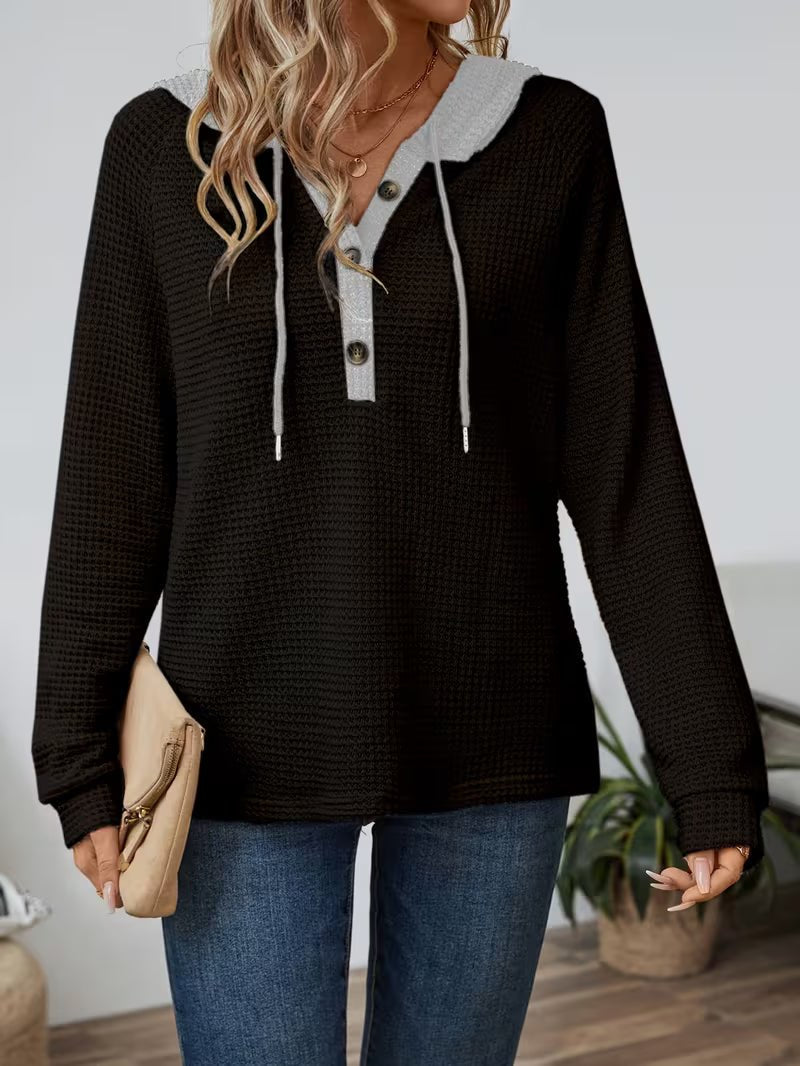 Women's Long Sleeve Waffle Knit Hooded Henley - Black