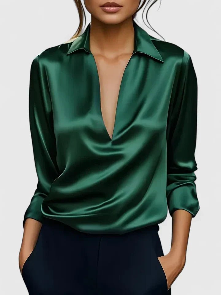Women's Satin V-Neck Blouse - Green