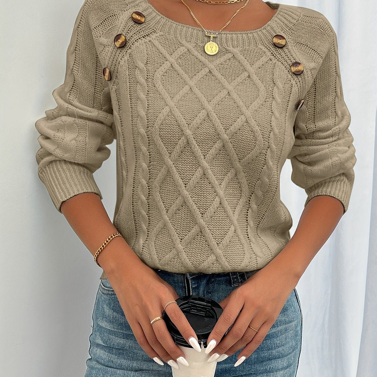Women's Cable Knit Scoop-Neck Sweater - Khaki