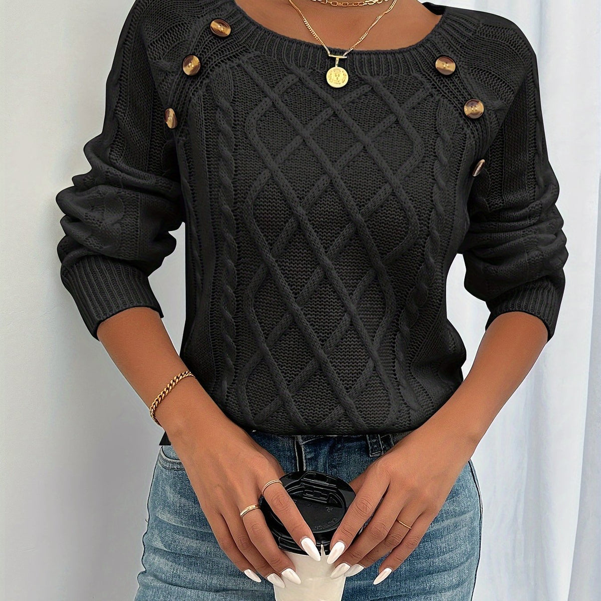 Women's Cable Knit Scoop-Neck Sweater - Black