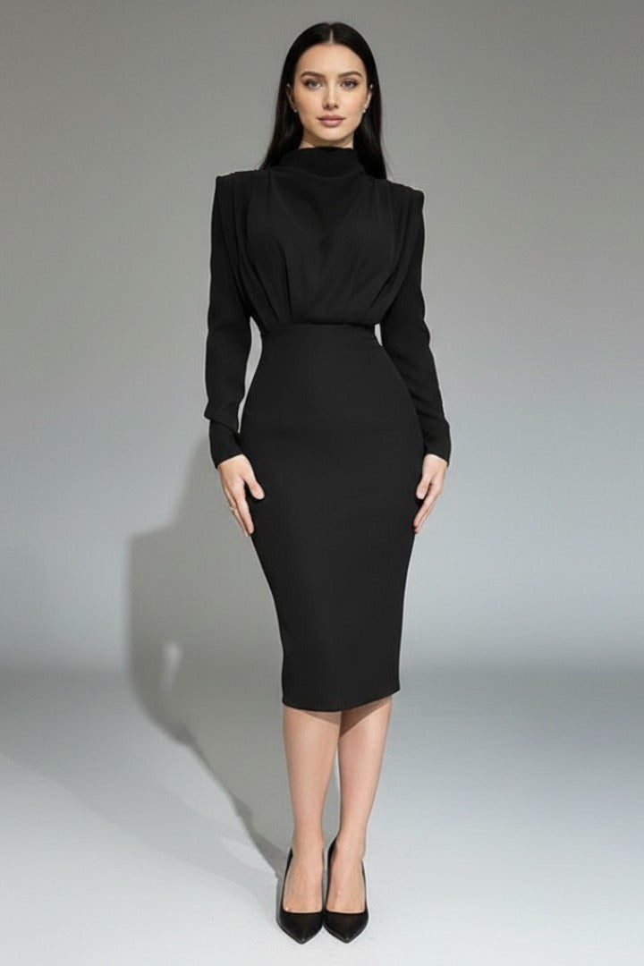 Mock Neck Long Sleeve Maxi Dress - Black