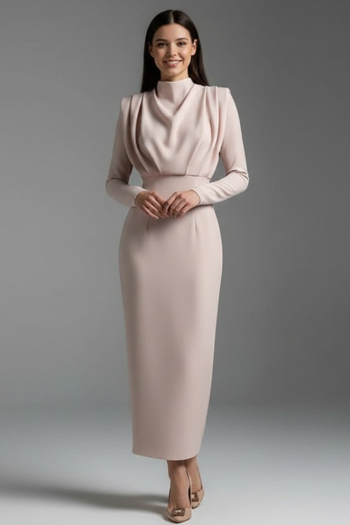 Mock Neck Long Sleeve Maxi Dress - Apricot