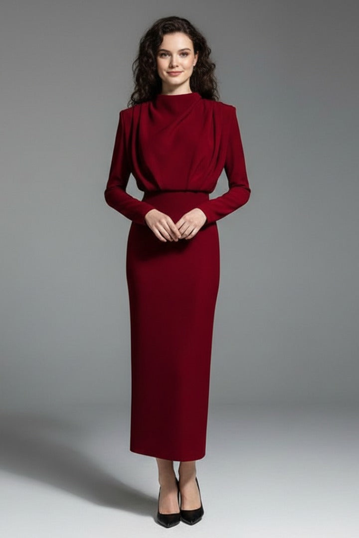 Mock Neck Long Sleeve Maxi Dress - Wine Red