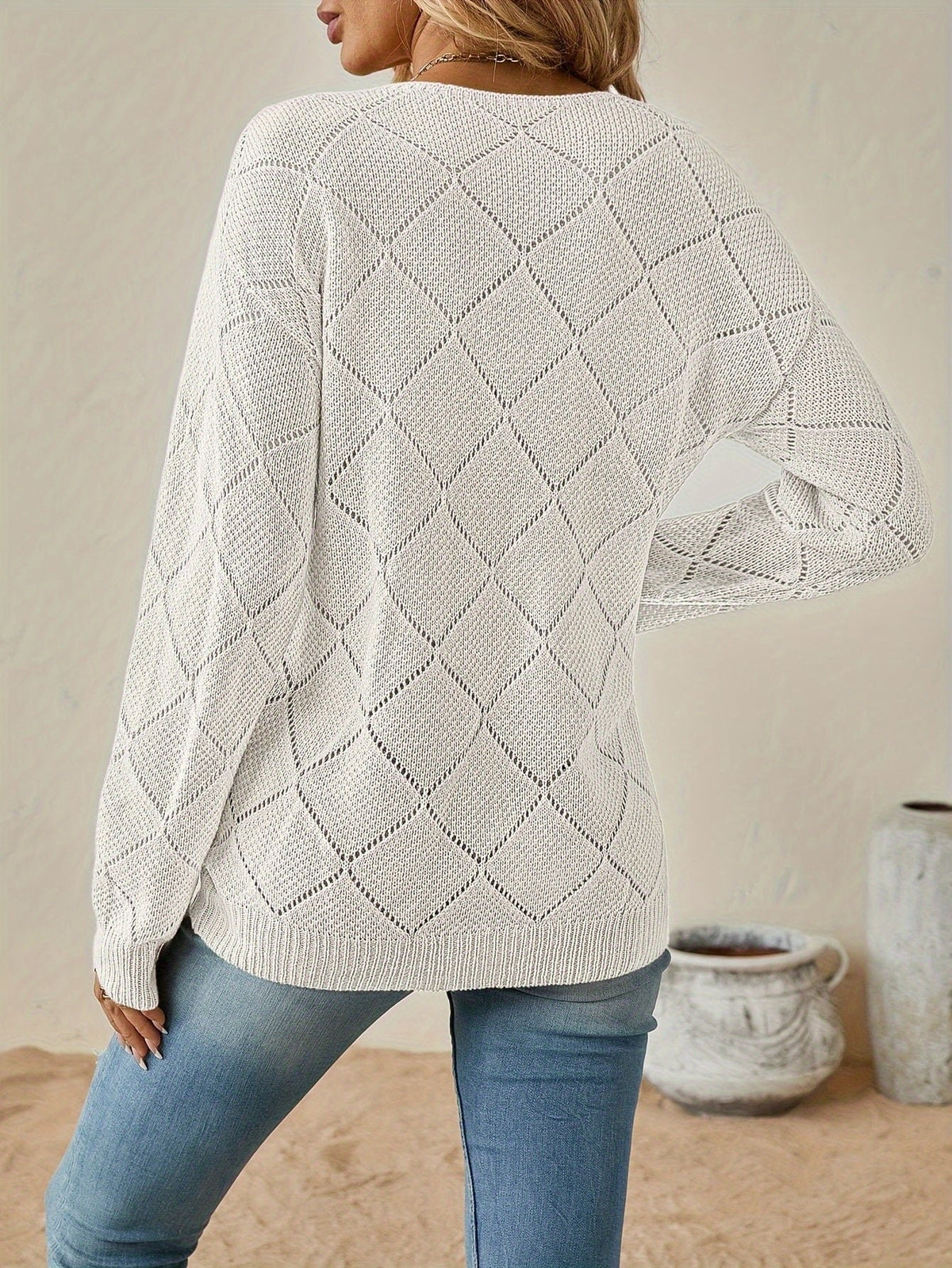 Women's Diamond Crochet V-Neck Sweater