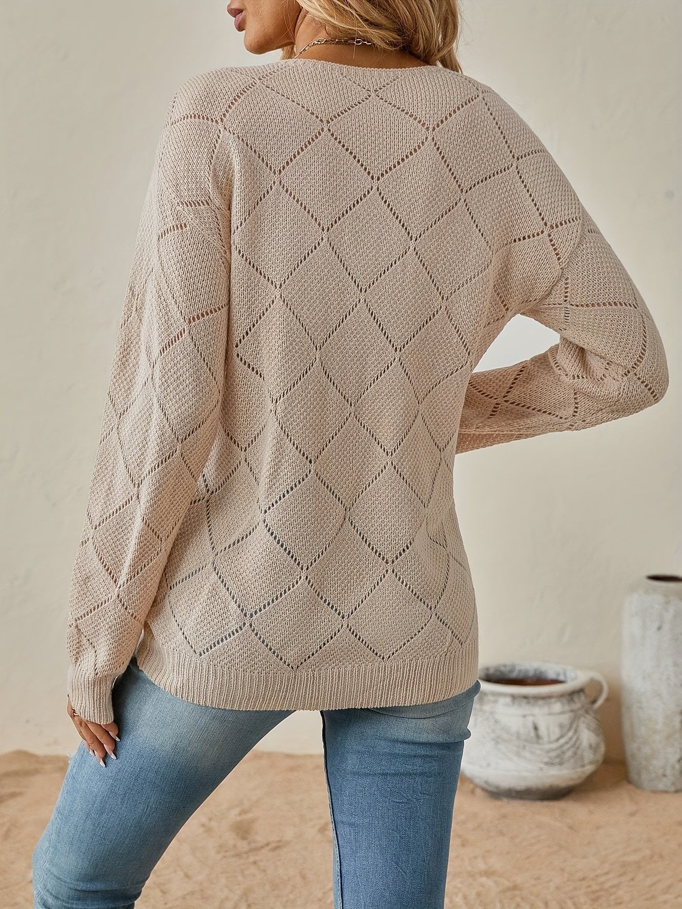 Women's Diamond Crochet V-Neck Sweater