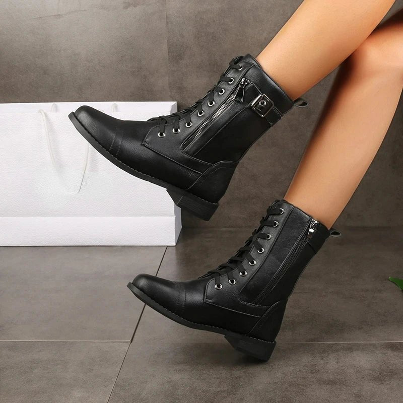 Women's Faux Leather Combat Ankle Boots - Black