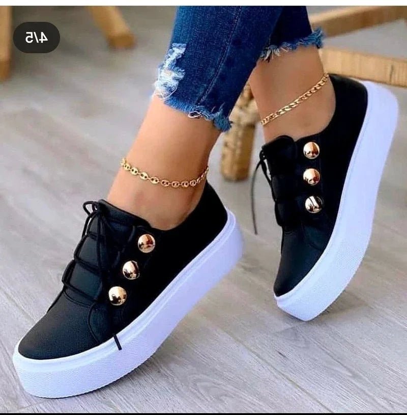Women's Faux Leather Platform Sneakers - Black