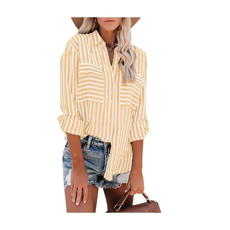 Women's Long Sleeve Striped Oversized Shirt - Yellow