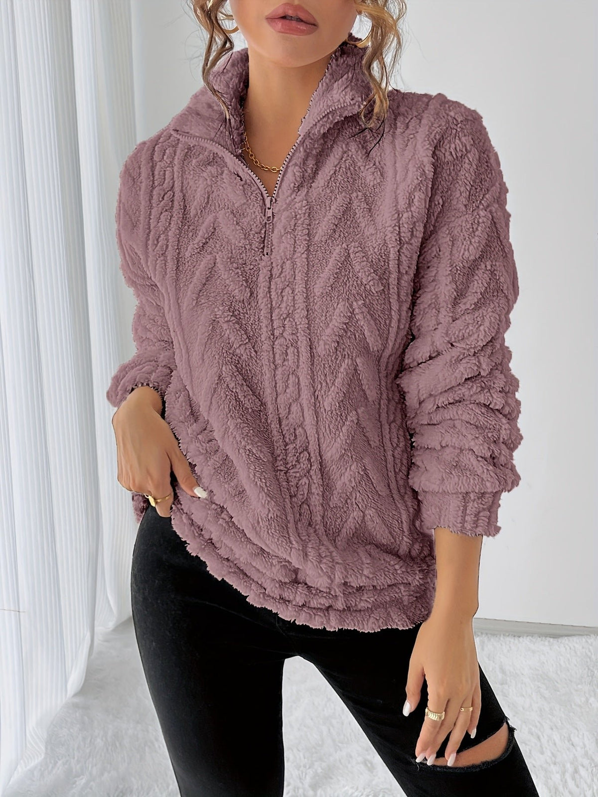 Women's Oversized Quarter-Zip Fleece Pullover - Light Purple