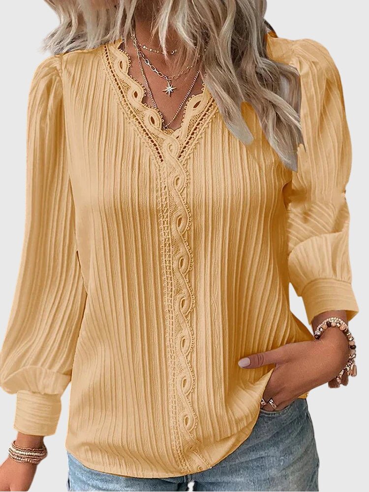 Women's Pleated V-Neck Blouse - Yellow