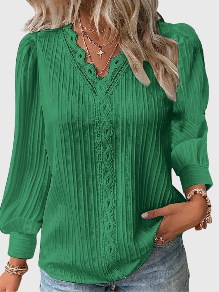 Women's Pleated V-Neck Blouse - Green