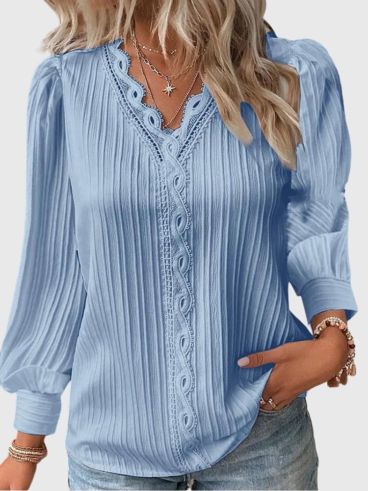 Women's Pleated V-Neck Blouse - Blue