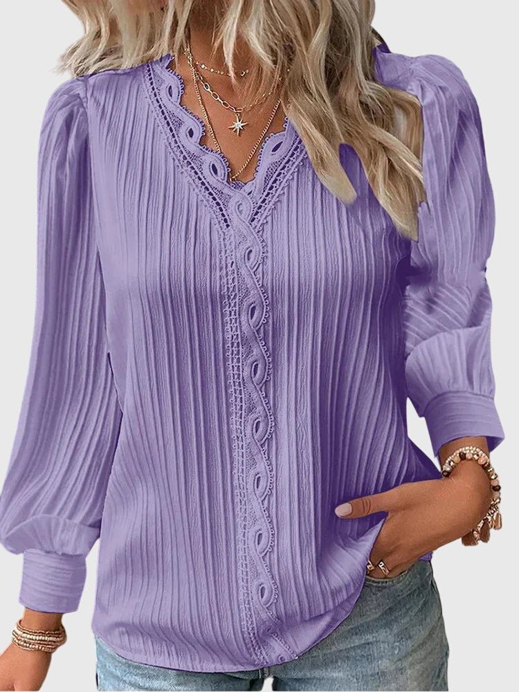 Women's Pleated V-Neck Blouse - Purple