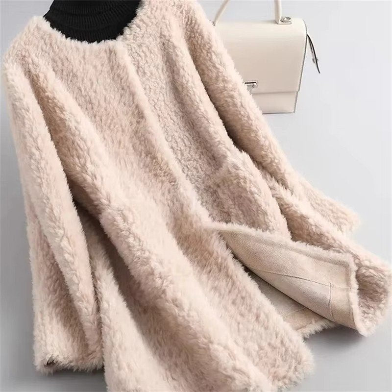 Women's Straight Teddy Coat - apricot color