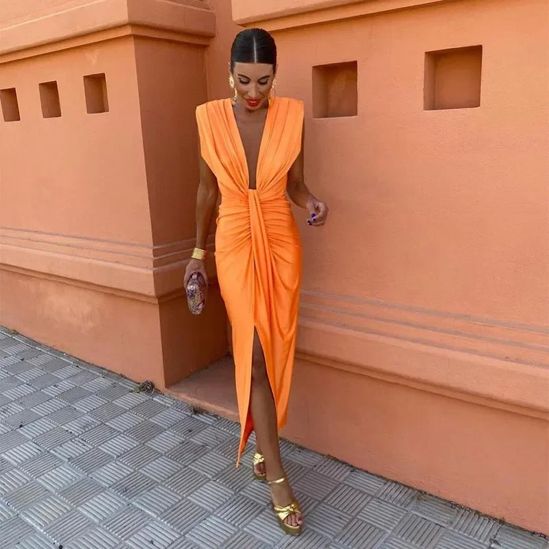 Ruched Evening Midi Dress - Orange