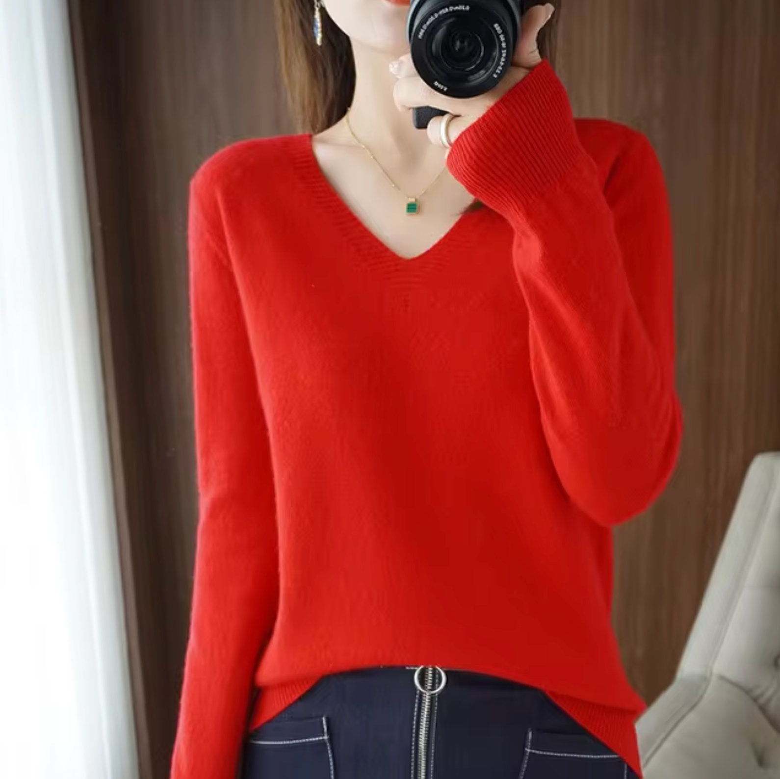 Claudia Women's V Neck Ribbed Sweater 4