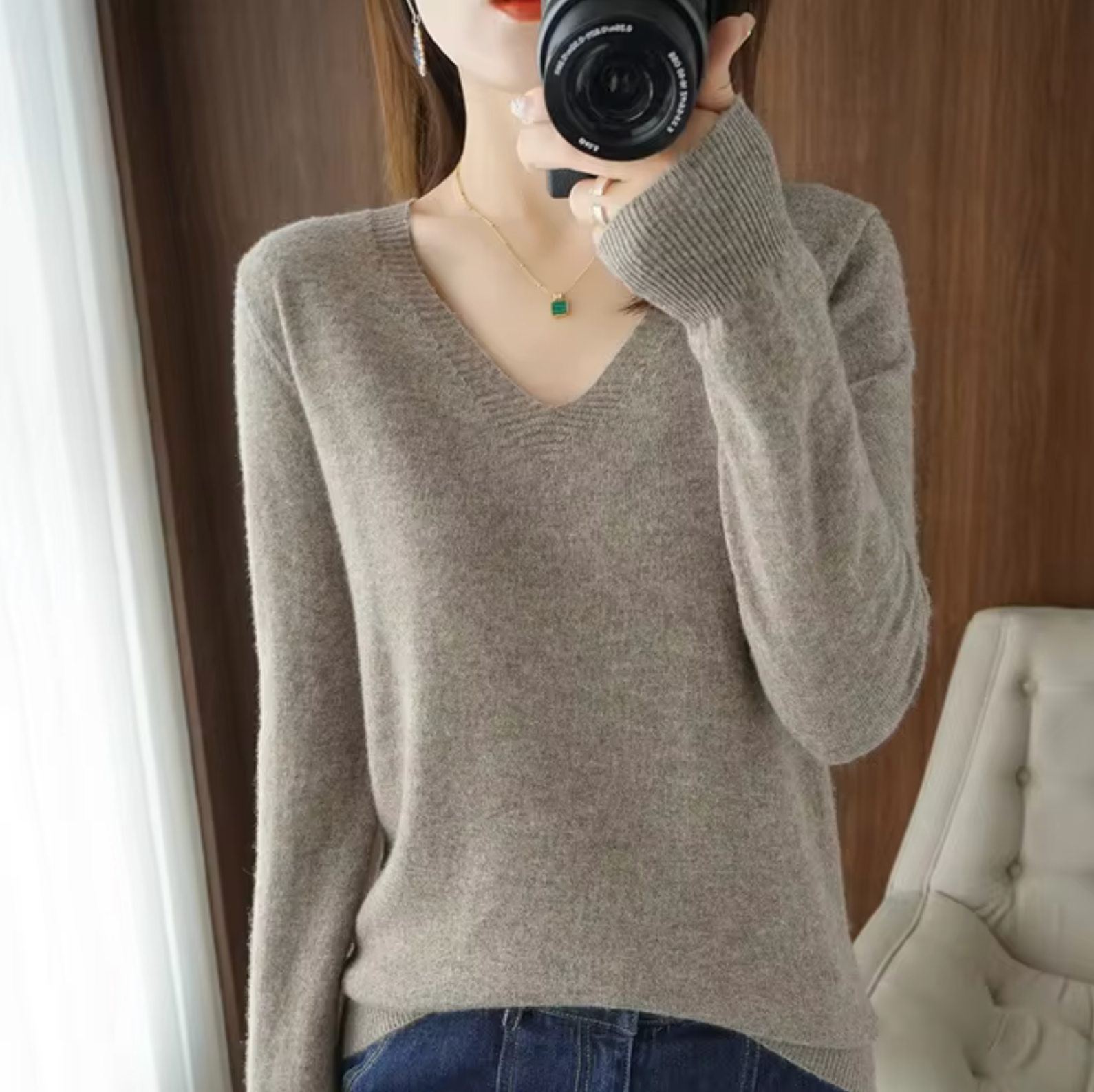 Claudia Women's V Neck Ribbed Sweater 9