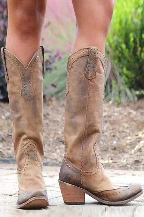Women's Knee-High Leather Cowboy Boots - Yellow