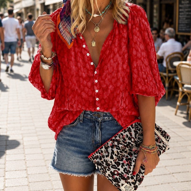 Women's Leopard V-Neck Blouse - Red