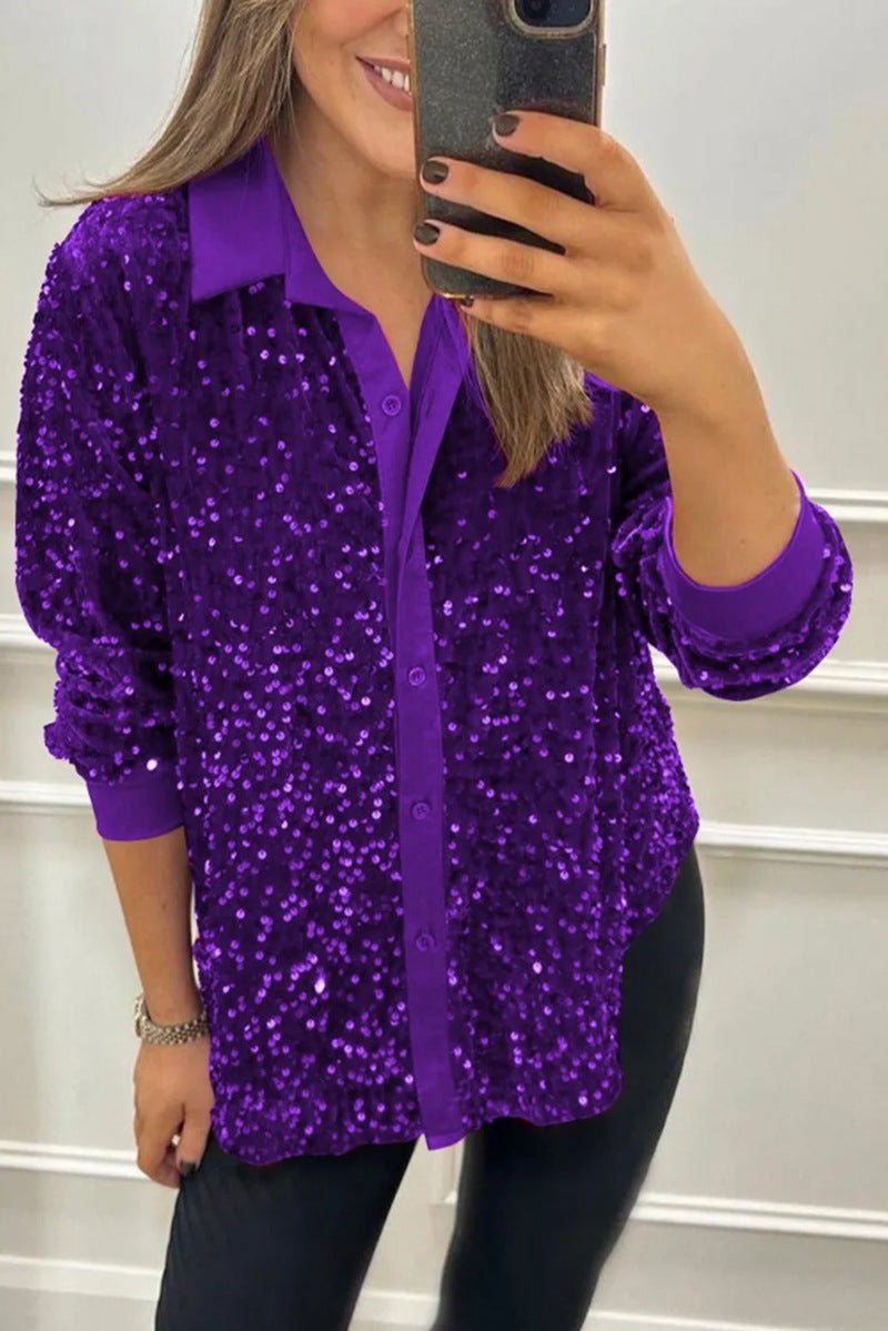 Women's Long Sleeve Oversized Sequin Shirt - Purple