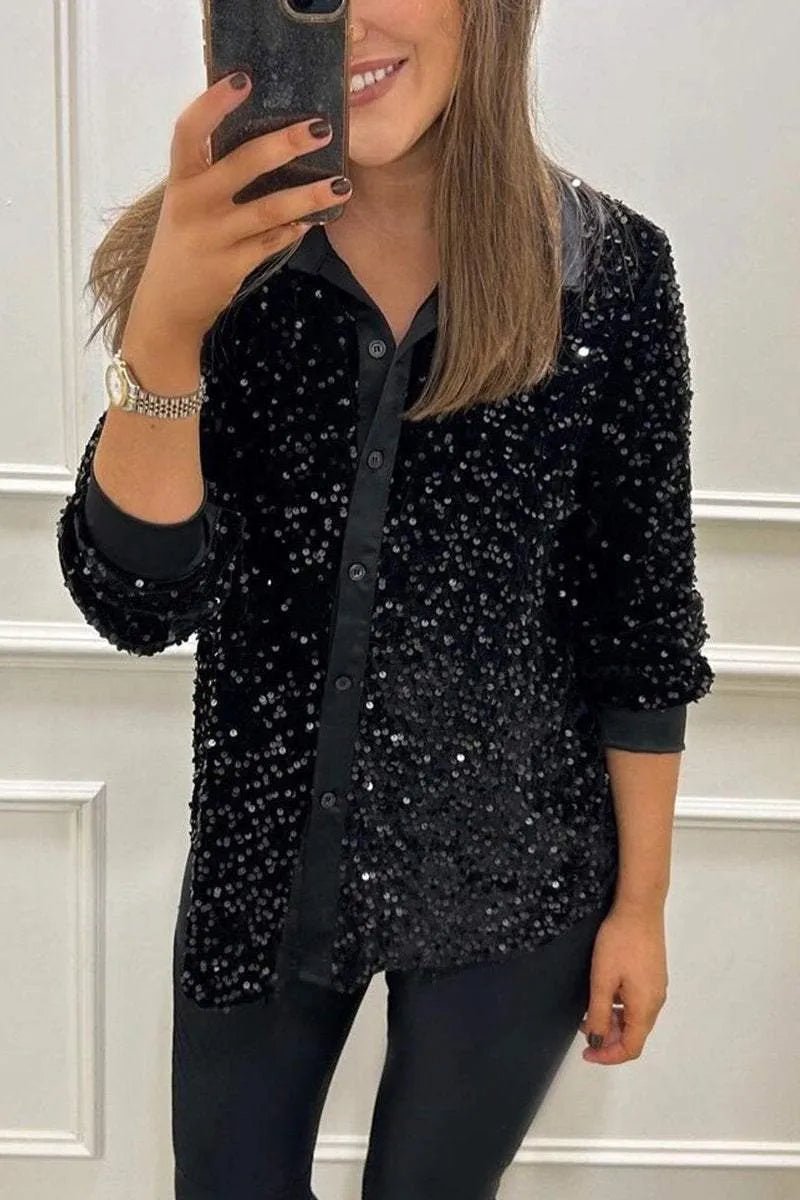Women's Long Sleeve Oversized Sequin Shirt - Black