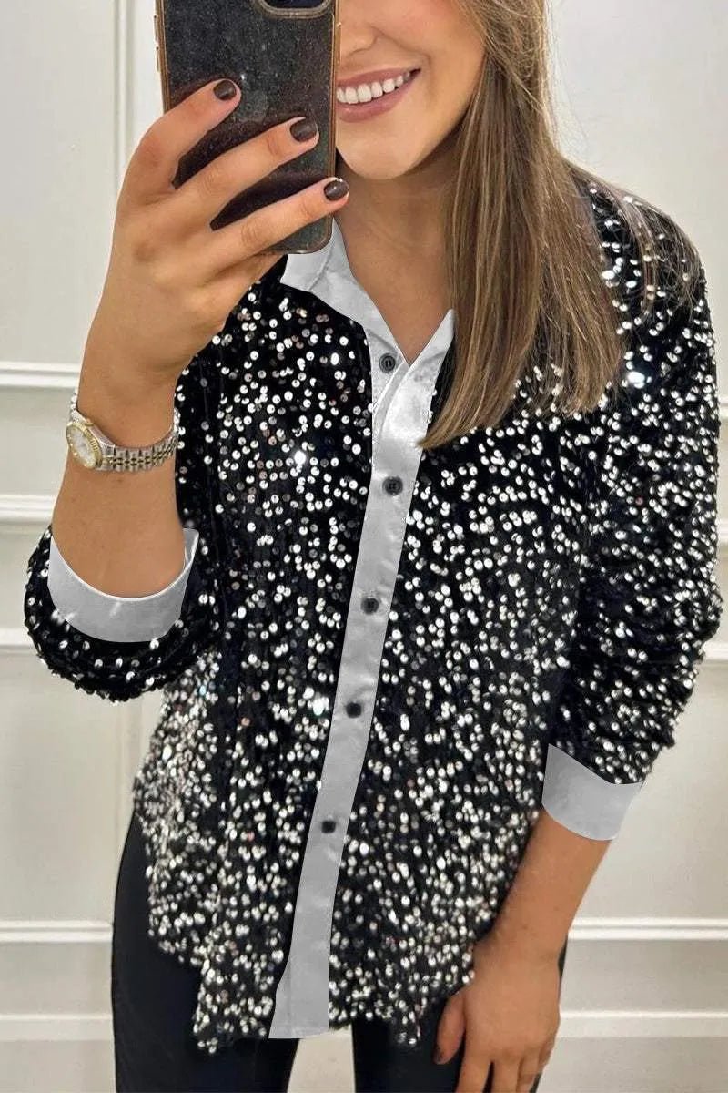 Women's Long Sleeve Oversized Sequin Shirt - Silver
