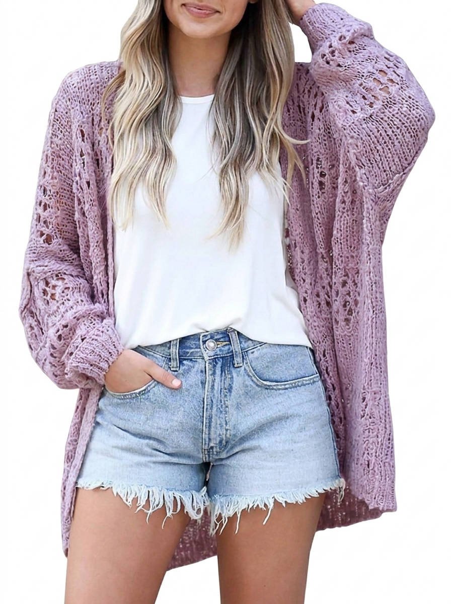 Women's Oversized Crochet Cardigan - Purple