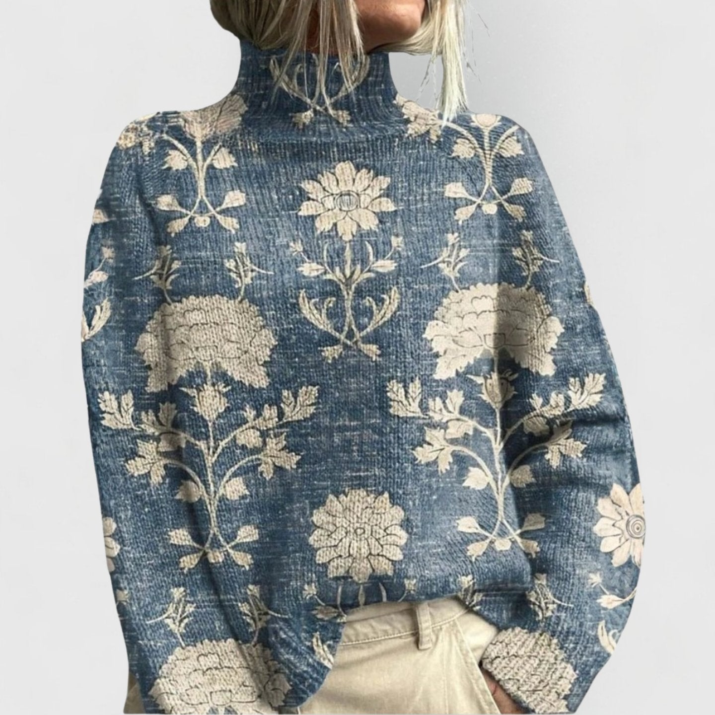 Women's Oversized Floral Knit Turtleneck Sweater - Light Blue