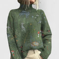 Women's Oversized Floral Knit Turtleneck Sweater - Green