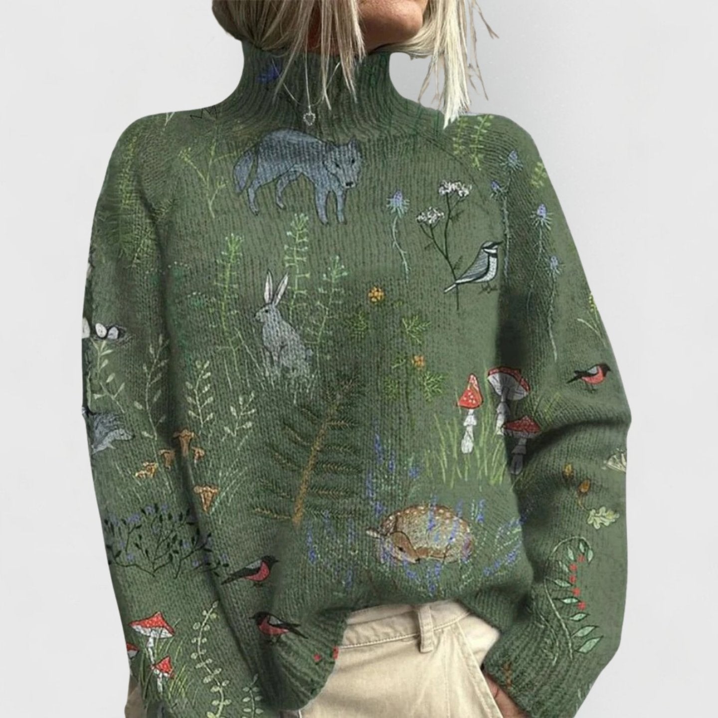Women's Oversized Floral Knit Turtleneck Sweater - Green
