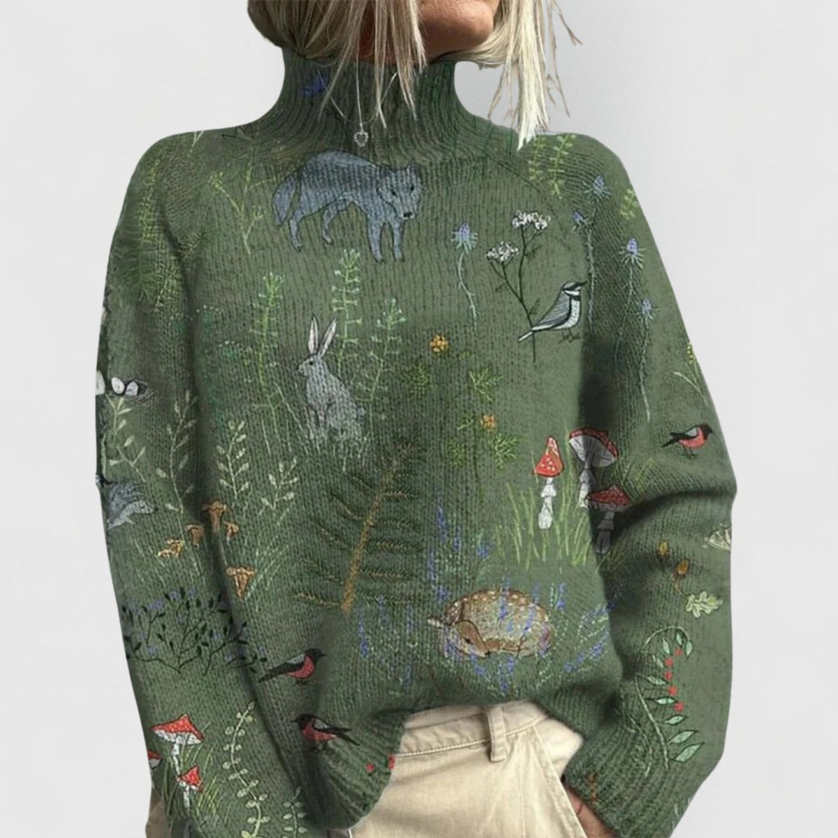 Women's Oversized Floral Knit Turtleneck Sweater - Green
