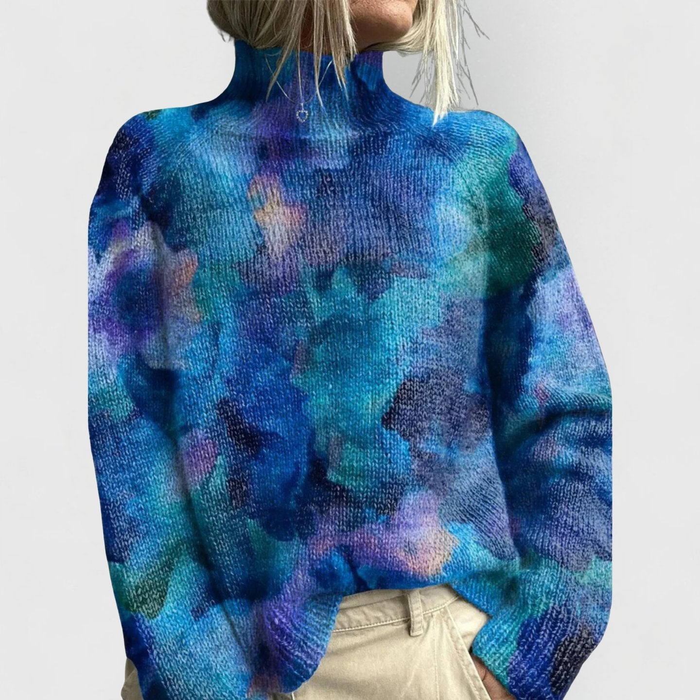 Women's Oversized Floral Knit Turtleneck Sweater - Blue
