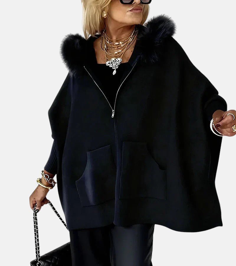 Women's Oversized Wool Hooded Cape Faux Fur Coat - Black