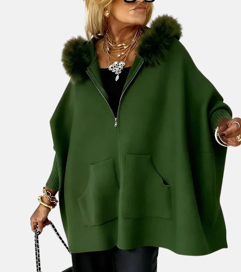 Women's Oversized Wool Hooded Cape Faux Fur Coat - Green