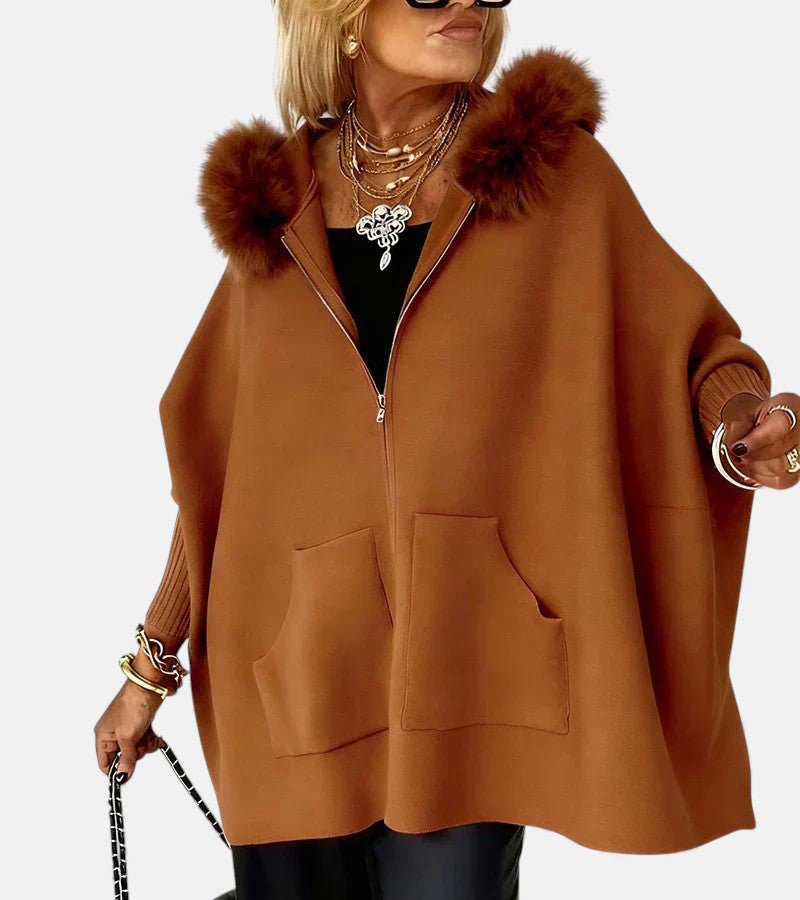 Women's Oversized Wool Hooded Cape Faux Fur Coat - Caramel