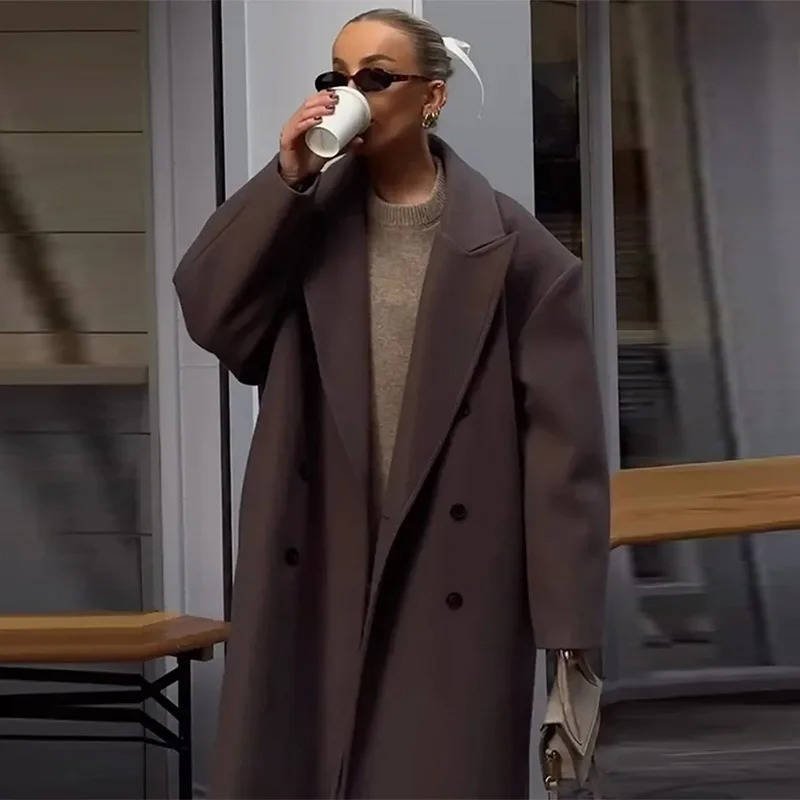 Women's Wool Double-Breasted Trench Coat - Brown 2