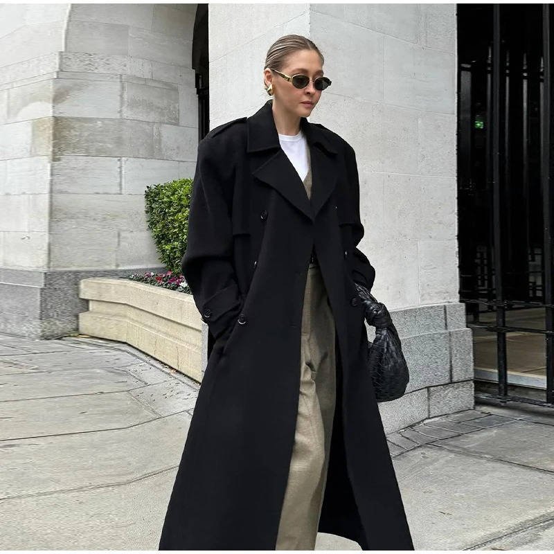 Women's Wool Double-Breasted Trench Coat - Black