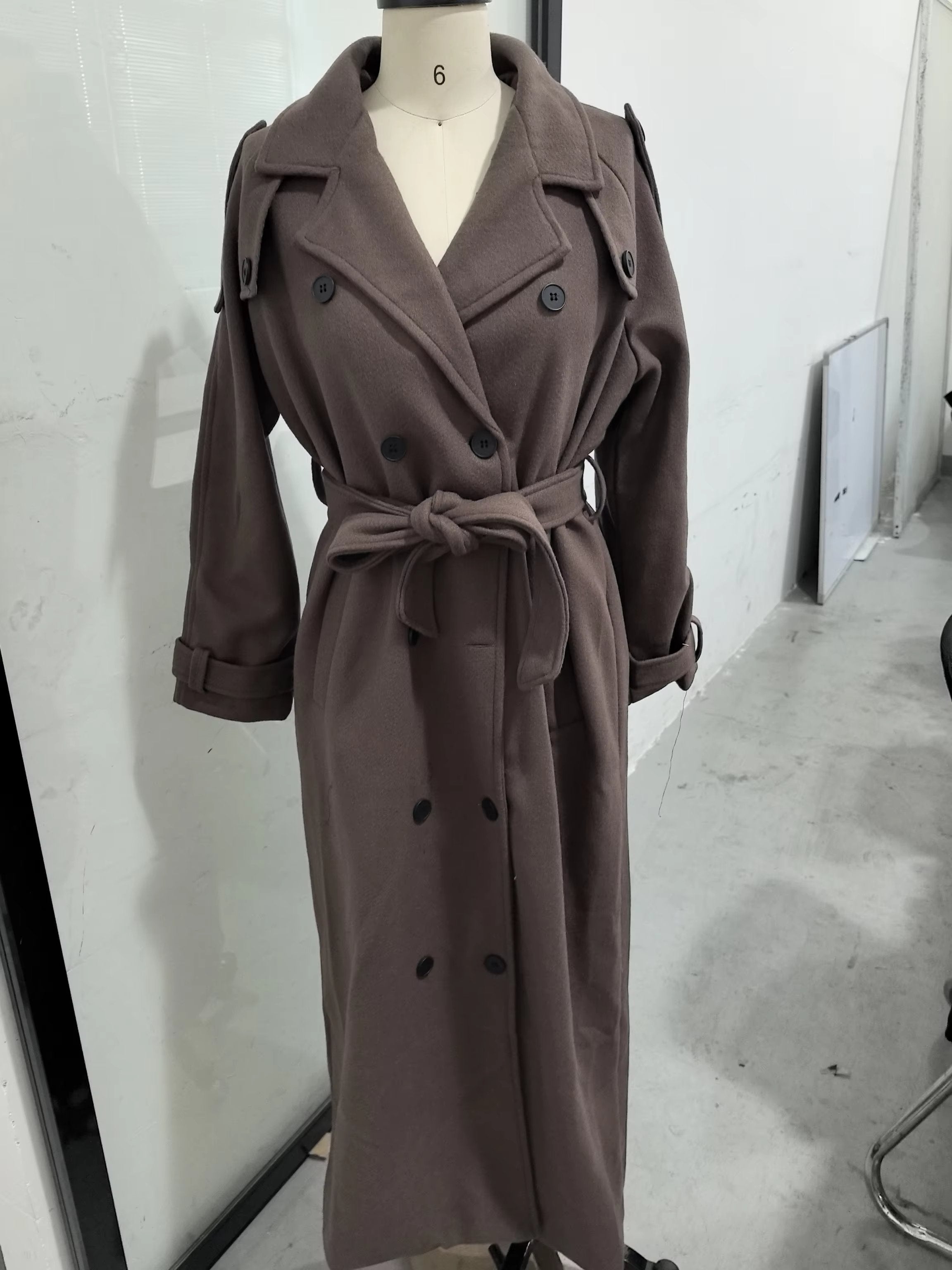 Women's Wool Double-Breasted Trench Coat - Brown 3