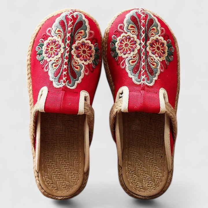 Embroidered Platform Mules - Red