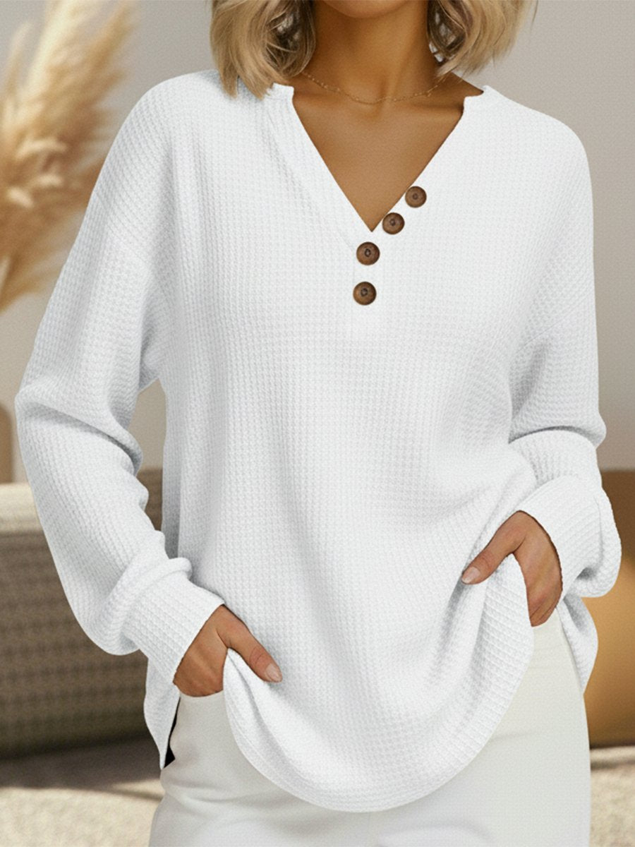 Women's Long Sleeve Oversized Waffle Knit Henley - White