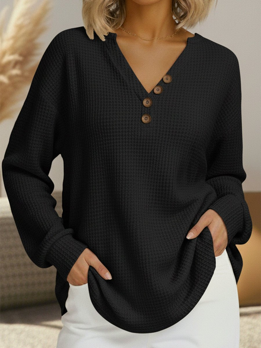 Women's Long Sleeve Oversized Waffle Knit Henley - Black