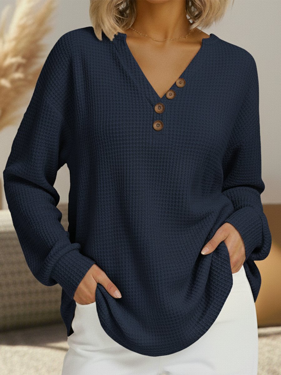 Women's Long Sleeve Oversized Waffle Knit Henley - Navy Blue