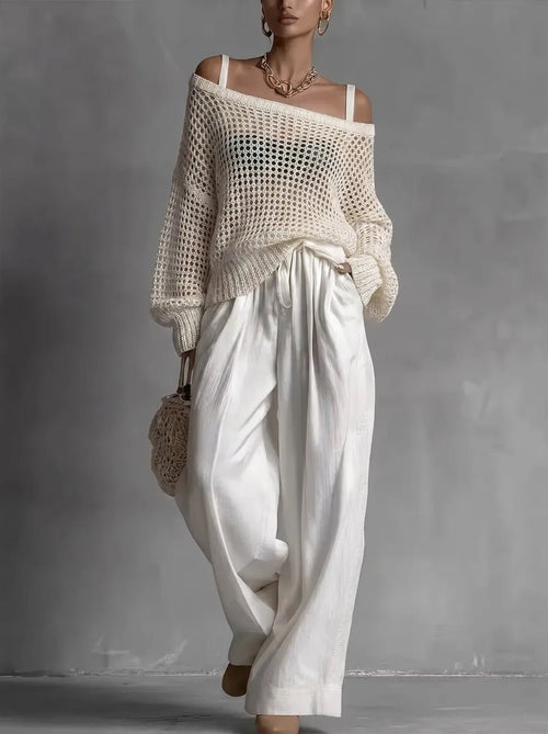 Women's Off-Shoulder Crochet Sweater - White