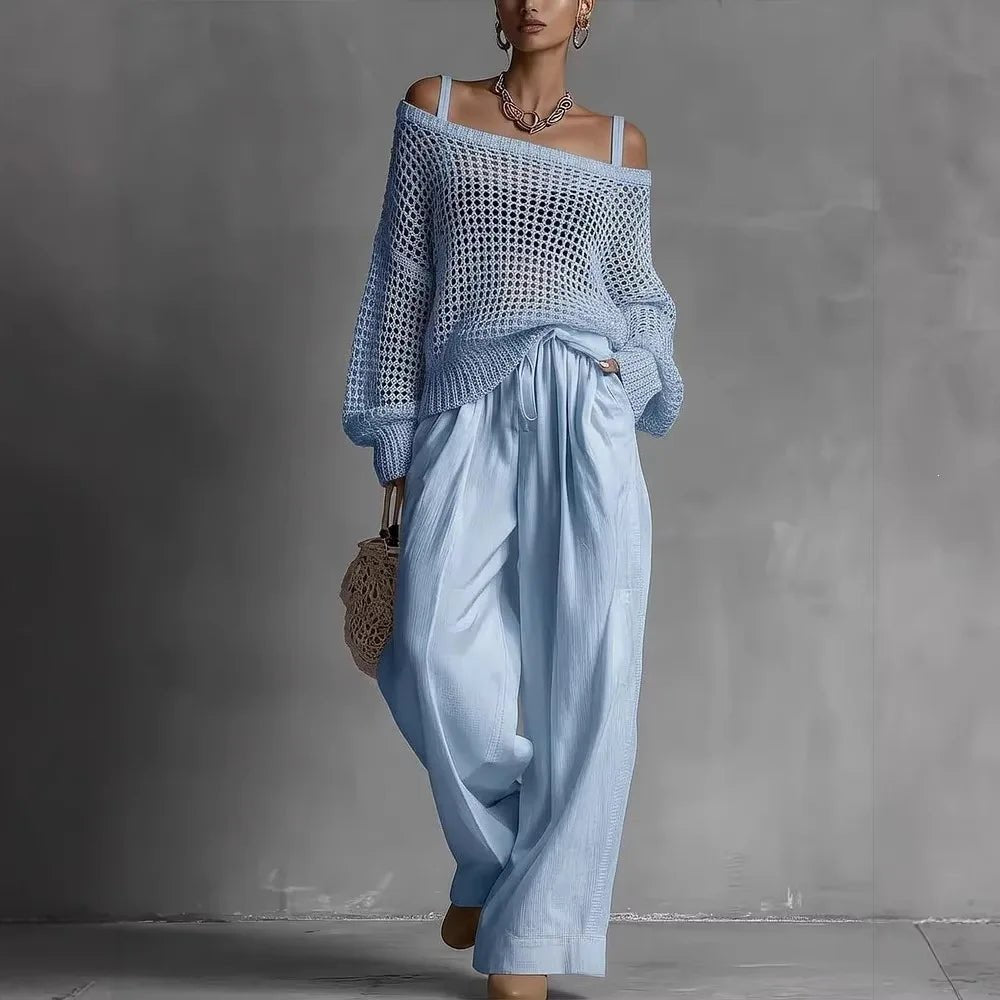 Women's Off-Shoulder Crochet Sweater - Light Blue