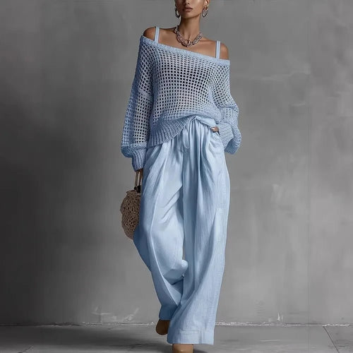 Women's Off-Shoulder Crochet Sweater - Light Blue