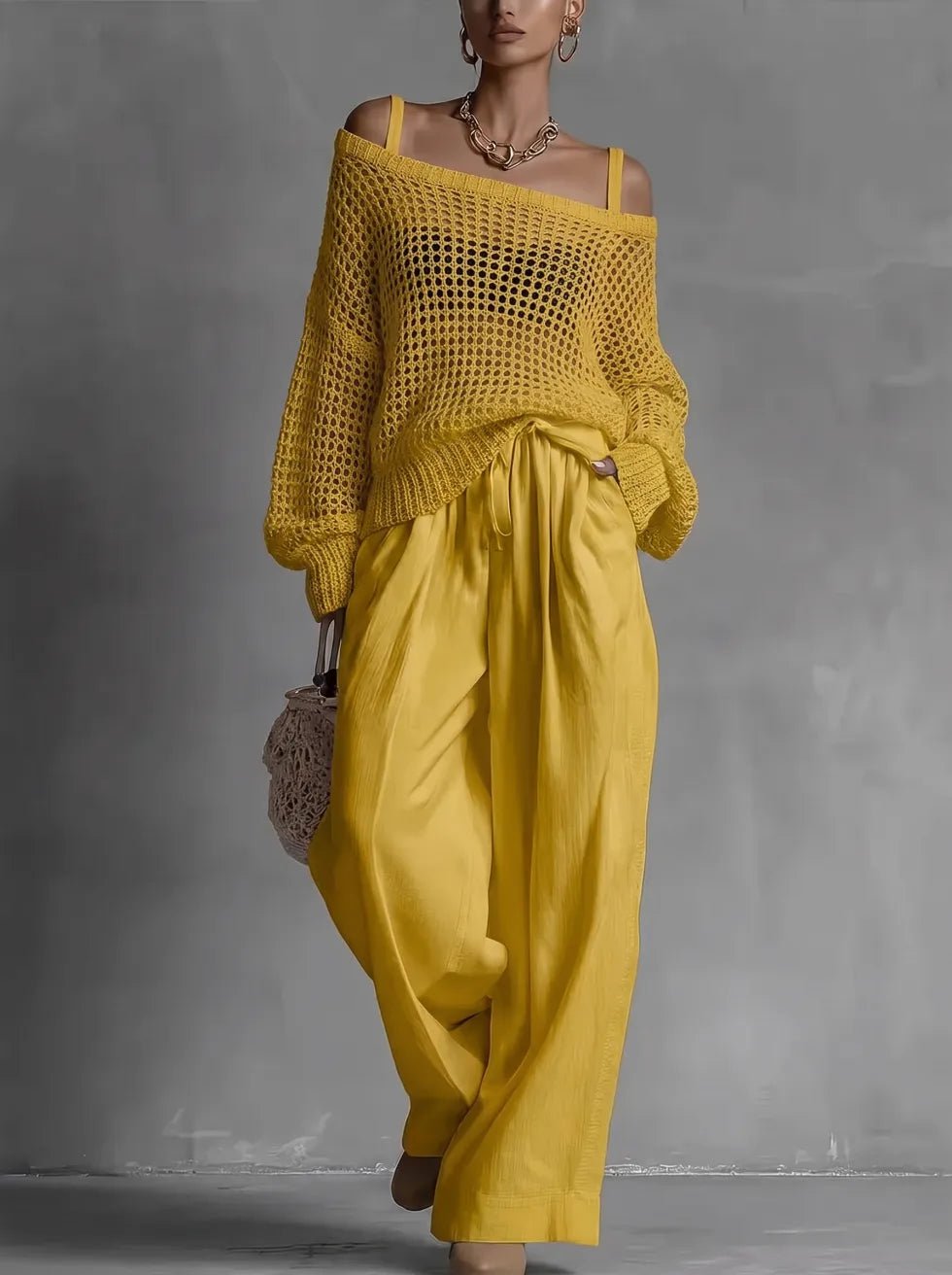 Women's Off-Shoulder Crochet Sweater - Yellow