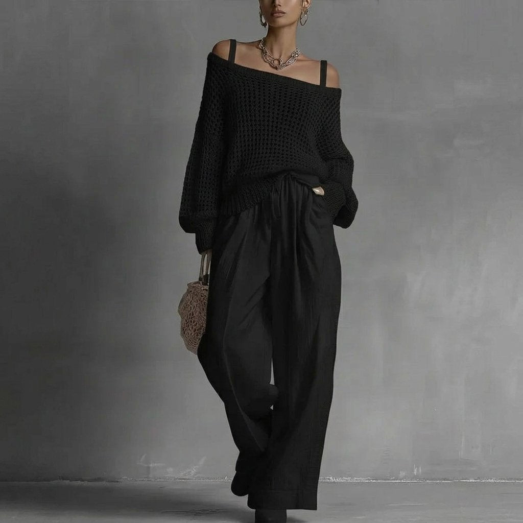 Women's Off-Shoulder Crochet Sweater - Black