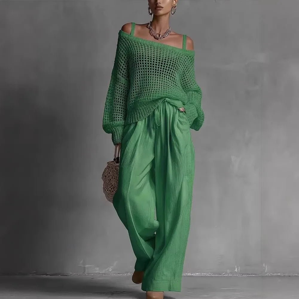 Women's Off-Shoulder Crochet Sweater - Green