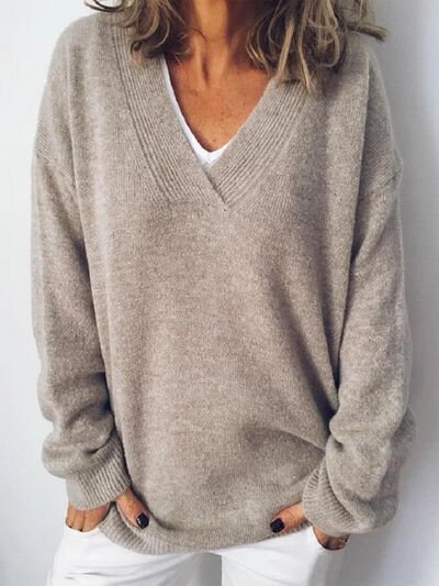 Women's Oversized V-Neck Sweater - Brown