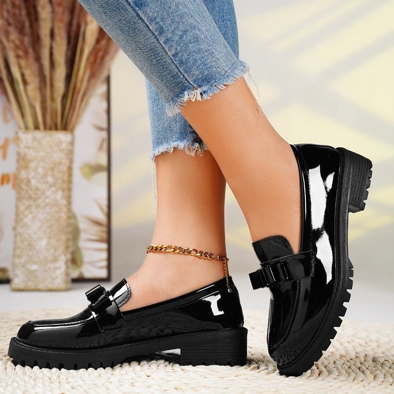 Women's Patent Leather Bow Loafers - Black